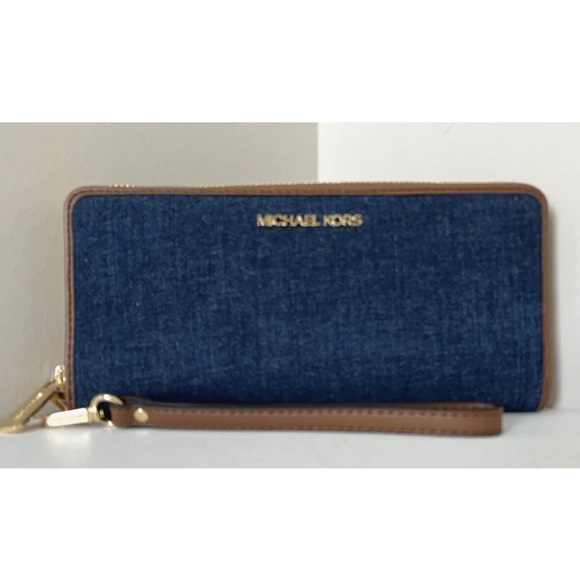 New Michael Kors Jet Set Large Travel Continental Wallet Denim Indigo - Picture 1 of 5